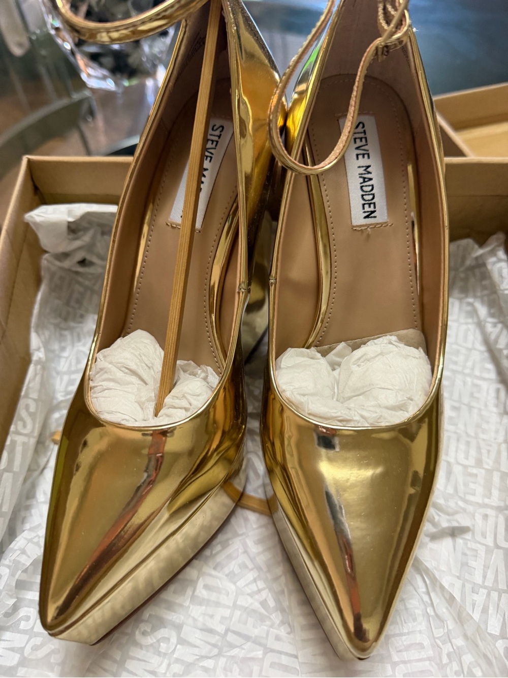 Steve Madden Metallic Gold Pointed-Toe Ankle-Strap Pumps